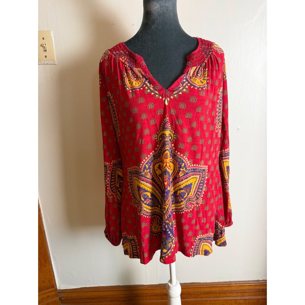 Vintage 62K Lucky Brand Red Paisley Boho Peasant Top Crochet Trim ren fair large